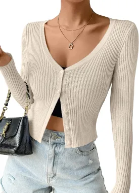 SHENHE Women's Ribbed Knit Button Down V Neck Lightweight Cropped Cardigan Sweater