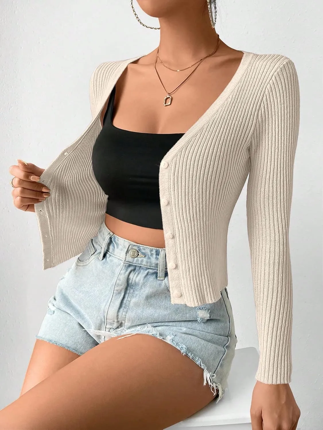 SHENHE Women's Ribbed Knit Button Down V Neck Lightweight Cropped Cardigan Sweater