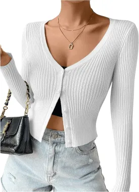 SHENHE Women's Ribbed Knit Button Down V Neck Lightweight Cropped Cardigan Sweater
