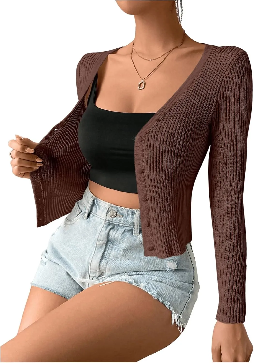 SHENHE Women's Ribbed Knit Button Down V Neck Lightweight Cropped Cardigan Sweater