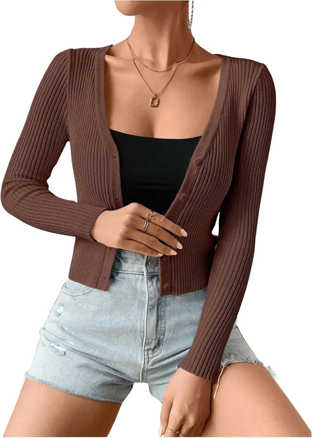 SHENHE Women's Ribbed Knit Button Down V Neck Lightweight Cropped Cardigan Sweater