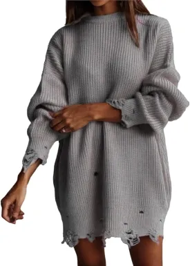 TIAFORD Womens Ripped Mini Sweater Dress Crewneck Baggy Long Sleeve Pullover Knit Dress Boyfriend Oversized Sweater