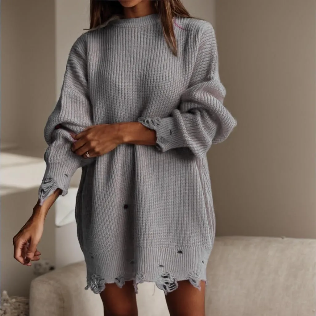 TIAFORD Womens Ripped Mini Sweater Dress Crewneck Baggy Long Sleeve Pullover Knit Dress Boyfriend Oversized Sweater