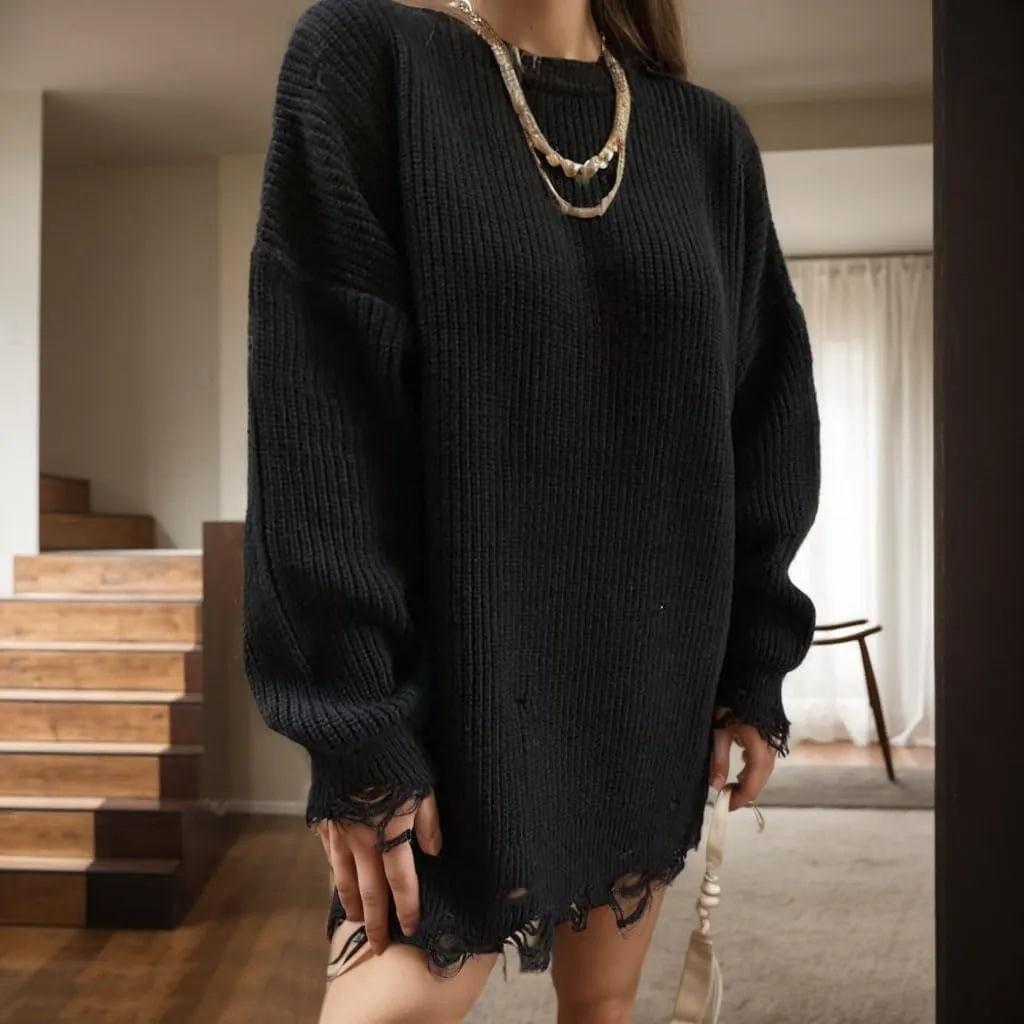 TIAFORD Womens Ripped Mini Sweater Dress Crewneck Baggy Long Sleeve Pullover Knit Dress Boyfriend Oversized Sweater