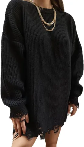 TIAFORD Womens Ripped Mini Sweater Dress Crewneck Baggy Long Sleeve Pullover Knit Dress Boyfriend Oversized Sweater