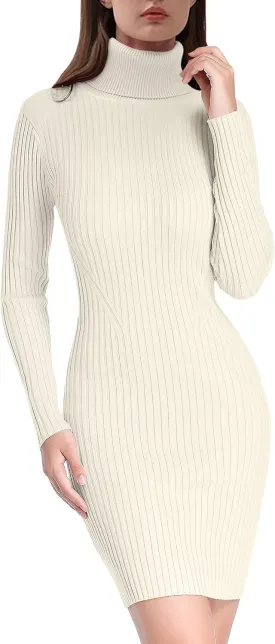 v28 Women Turtleneck Long Sleeve Bodycon Fall Winter Mini Slim Knit Sweater Dress