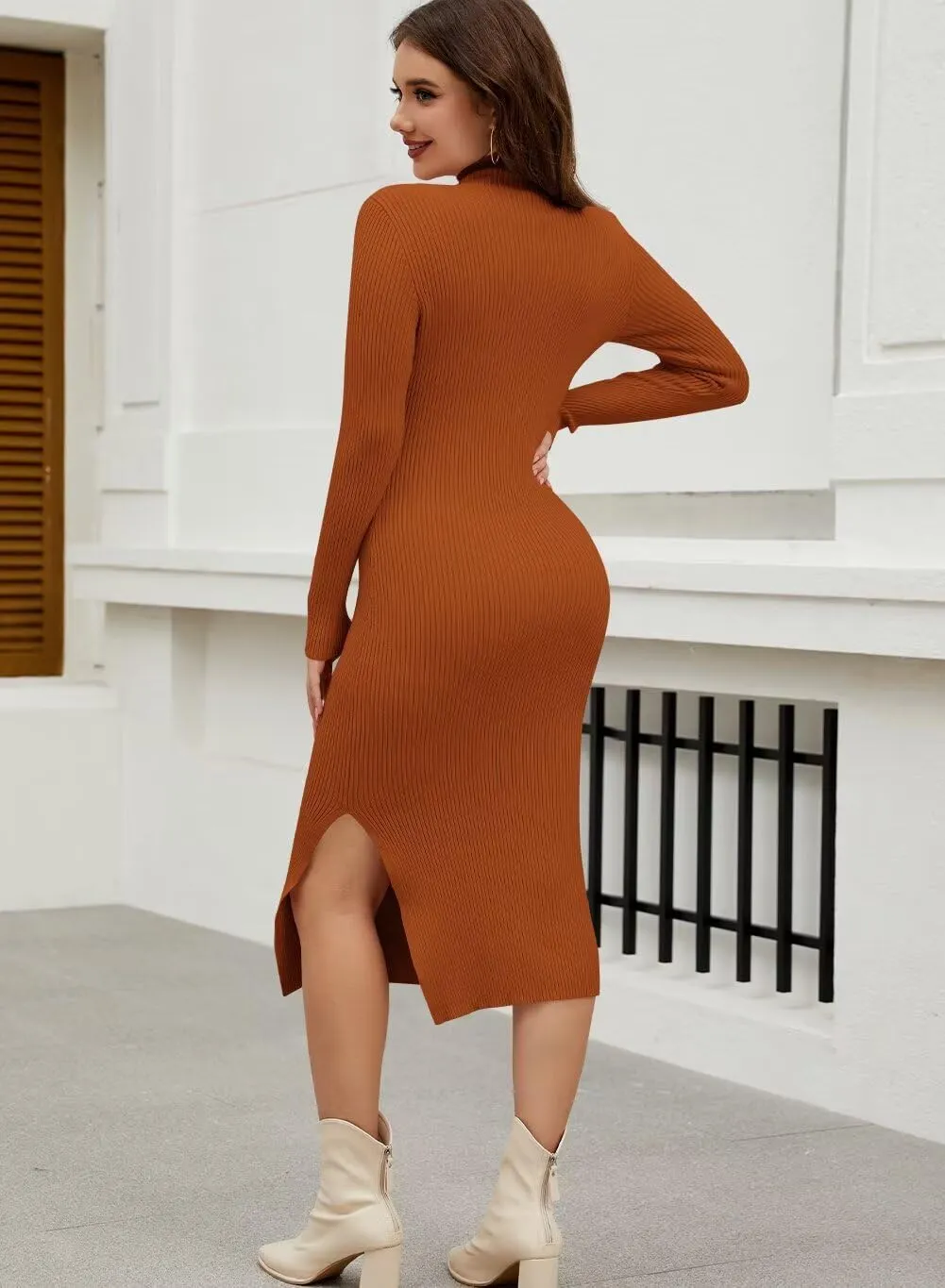 Wkior Women Long Sleeve Sweater Dresses Turtleneck Basic Ribbed Slim Fit Casual Bodycon 2025 Trendy Midi Dress(S-2XL)