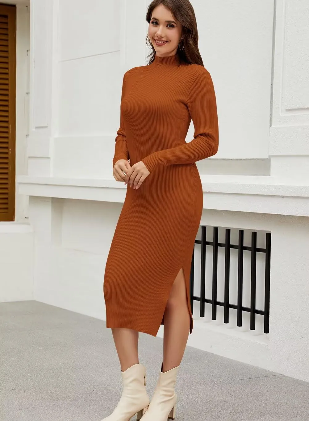 Wkior Women Long Sleeve Sweater Dresses Turtleneck Basic Ribbed Slim Fit Casual Bodycon 2025 Trendy Midi Dress(S-2XL)
