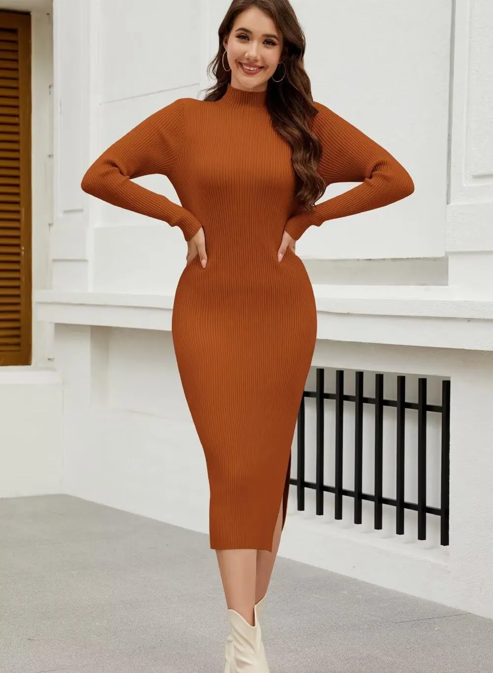 Wkior Women Long Sleeve Sweater Dresses Turtleneck Basic Ribbed Slim Fit Casual Bodycon 2025 Trendy Midi Dress(S-2XL)