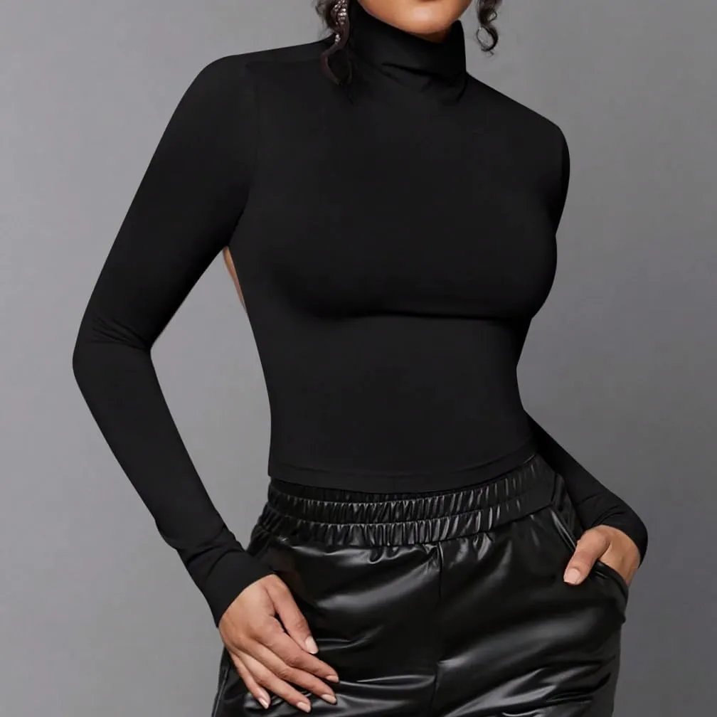 Women Sexy Turtleneck Backless Slim Fit T Shirt Casual Long Sleeve Basic Solid Cut Out Back Tee Tops Streetwear