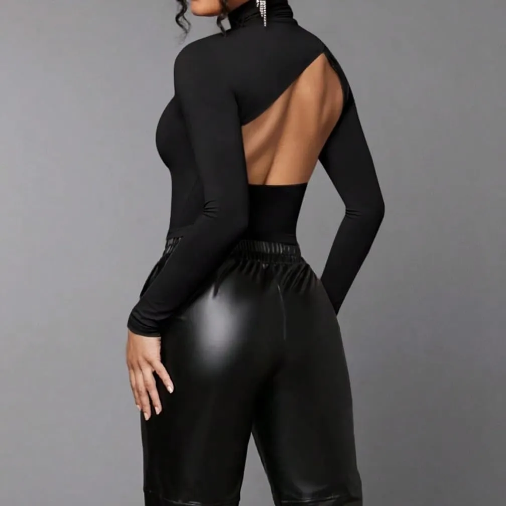 Women Sexy Turtleneck Backless Slim Fit T Shirt Casual Long Sleeve Basic Solid Cut Out Back Tee Tops Streetwear