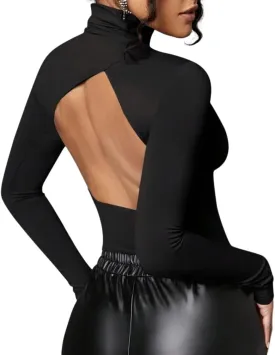 Women Sexy Turtleneck Backless Slim Fit T Shirt Casual Long Sleeve Basic Solid Cut Out Back Tee Tops Streetwear
