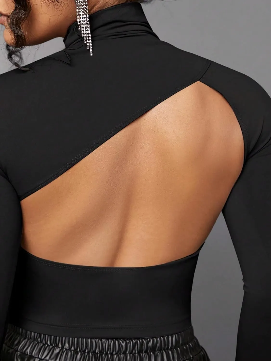 Women Sexy Turtleneck Backless Slim Fit T Shirt Casual Long Sleeve Basic Solid Cut Out Back Tee Tops Streetwear
