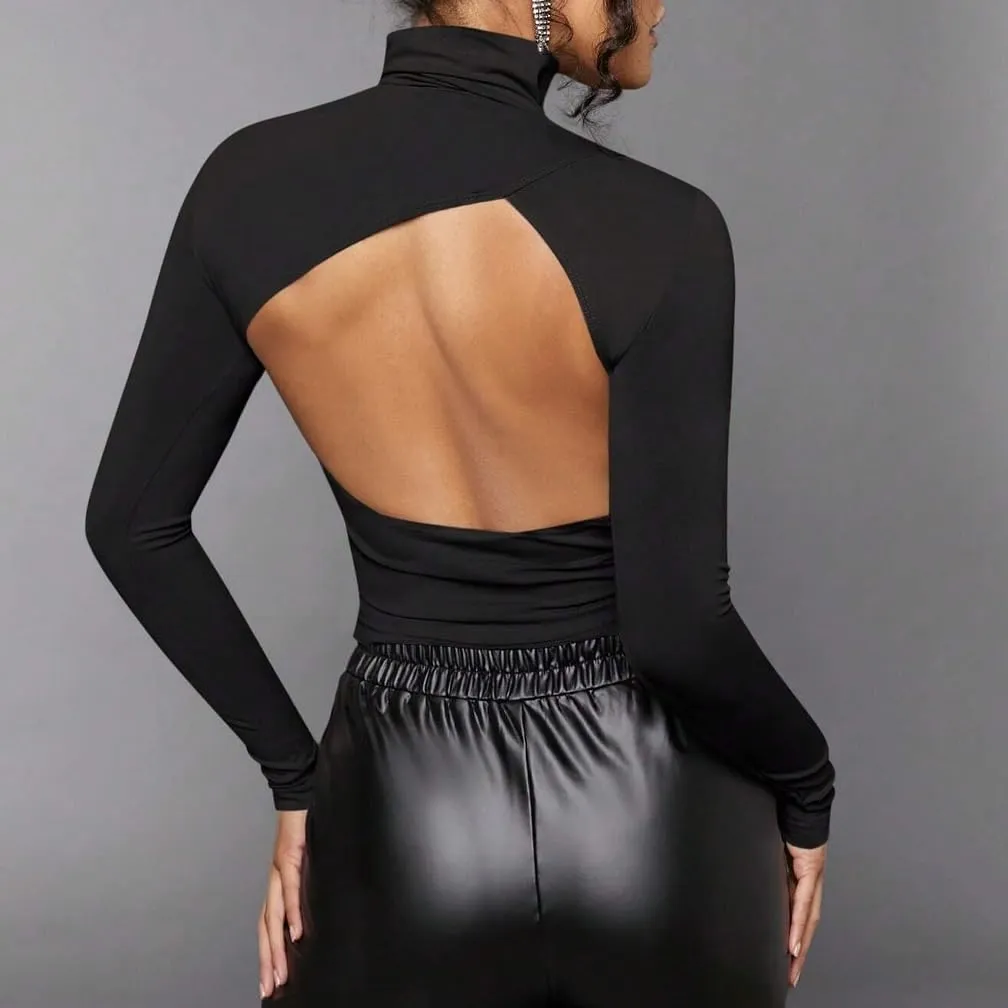 Women Sexy Turtleneck Backless Slim Fit T Shirt Casual Long Sleeve Basic Solid Cut Out Back Tee Tops Streetwear