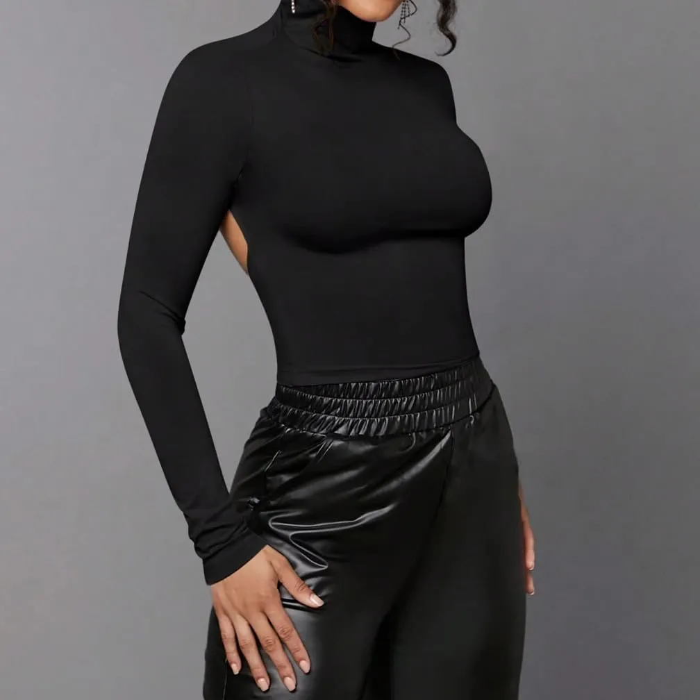 Women Sexy Turtleneck Backless Slim Fit T Shirt Casual Long Sleeve Basic Solid Cut Out Back Tee Tops Streetwear