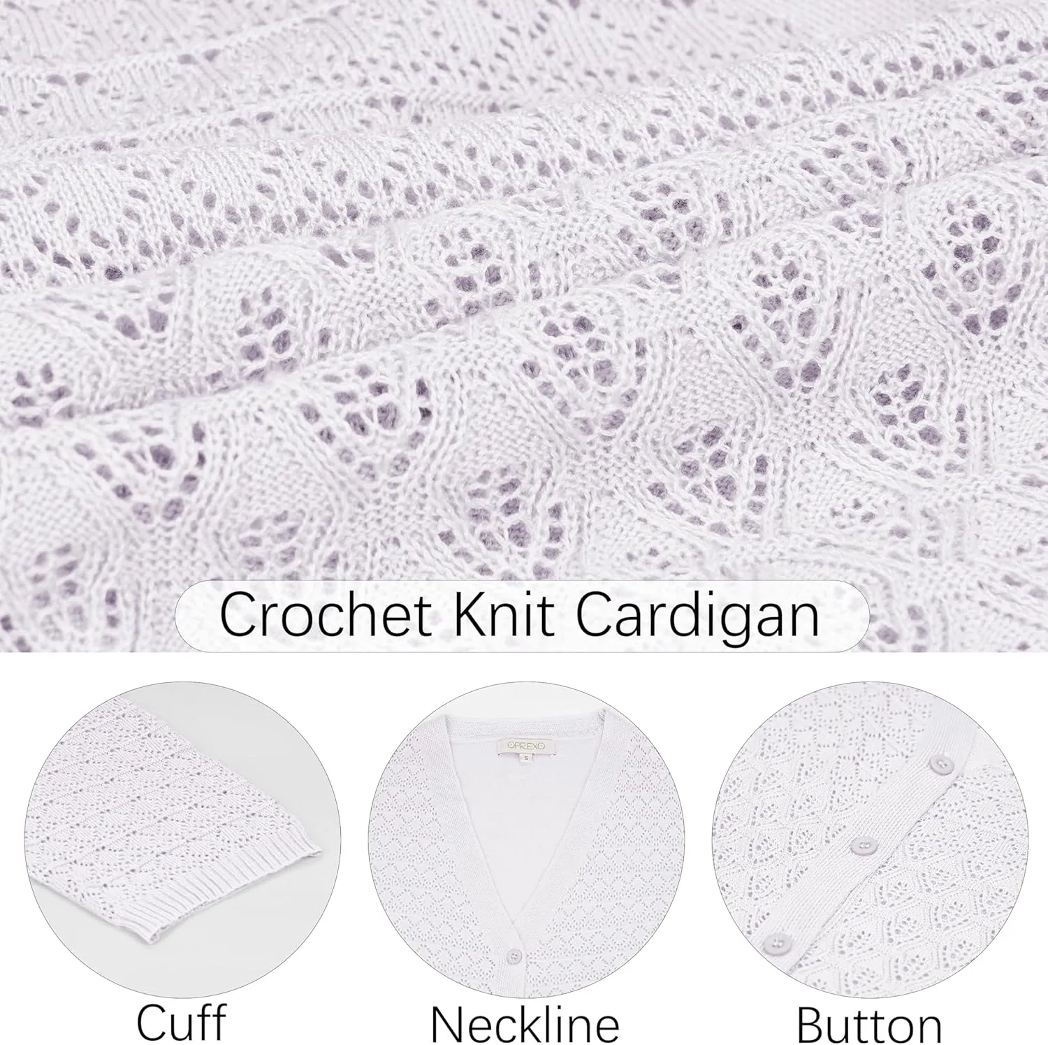Women's Lightweight Crochet Cardigan 3/4 Sleeve Cropped V Neck Button Shrug Knit Sweater Tops