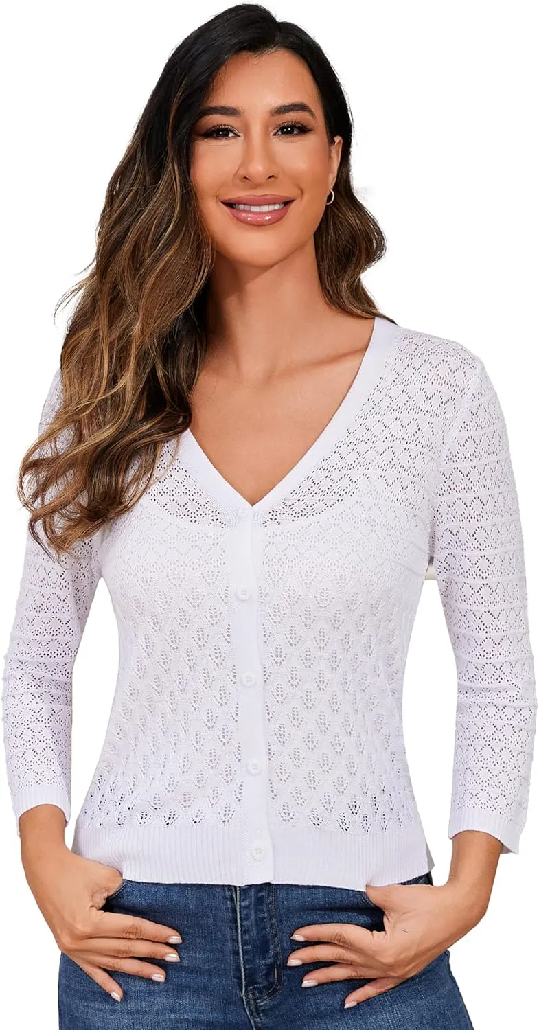 Women's Lightweight Crochet Cardigan 3/4 Sleeve Cropped V Neck Button Shrug Knit Sweater Tops