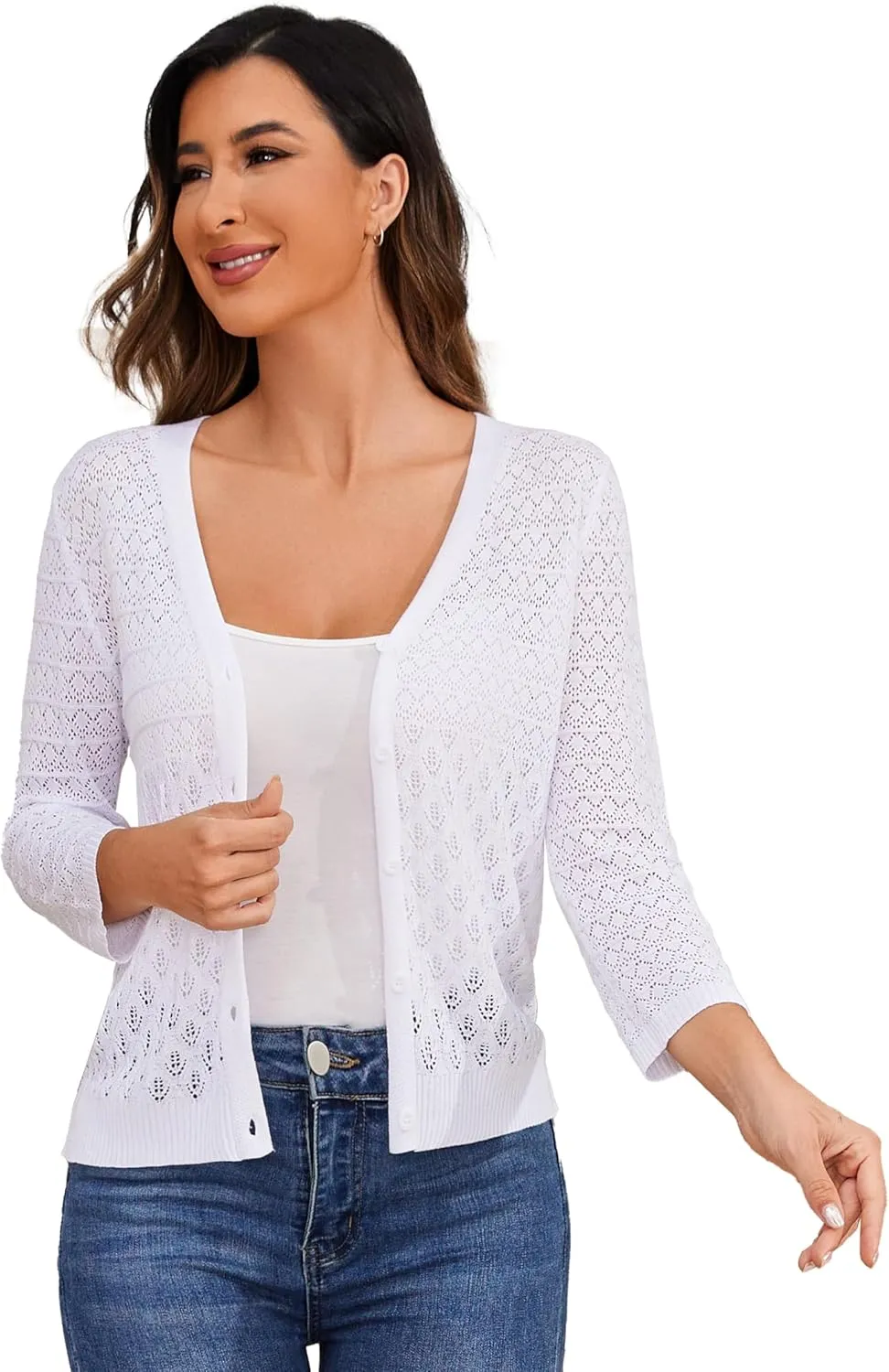 Women's Lightweight Crochet Cardigan 3/4 Sleeve Cropped V Neck Button Shrug Knit Sweater Tops