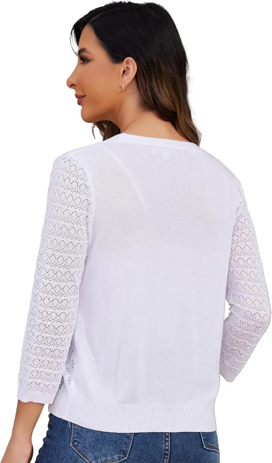 Women's Lightweight Crochet Cardigan 3/4 Sleeve Cropped V Neck Button Shrug Knit Sweater Tops