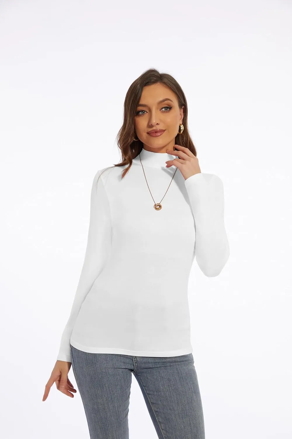 Womens Long Sleeve Mock Turtleneck Lightweight Shirts Slim Fitted Base Layer Tee Tops High Neck Undershirt