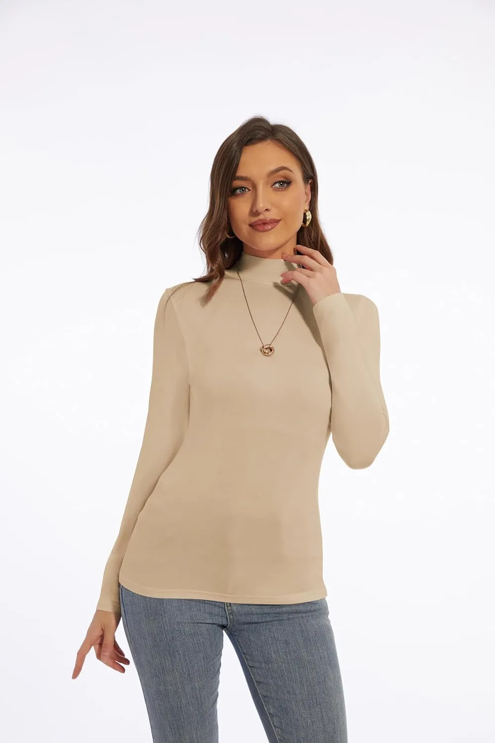 Womens Long Sleeve Mock Turtleneck Lightweight Shirts Slim Fitted Base Layer Tee Tops High Neck Undershirt