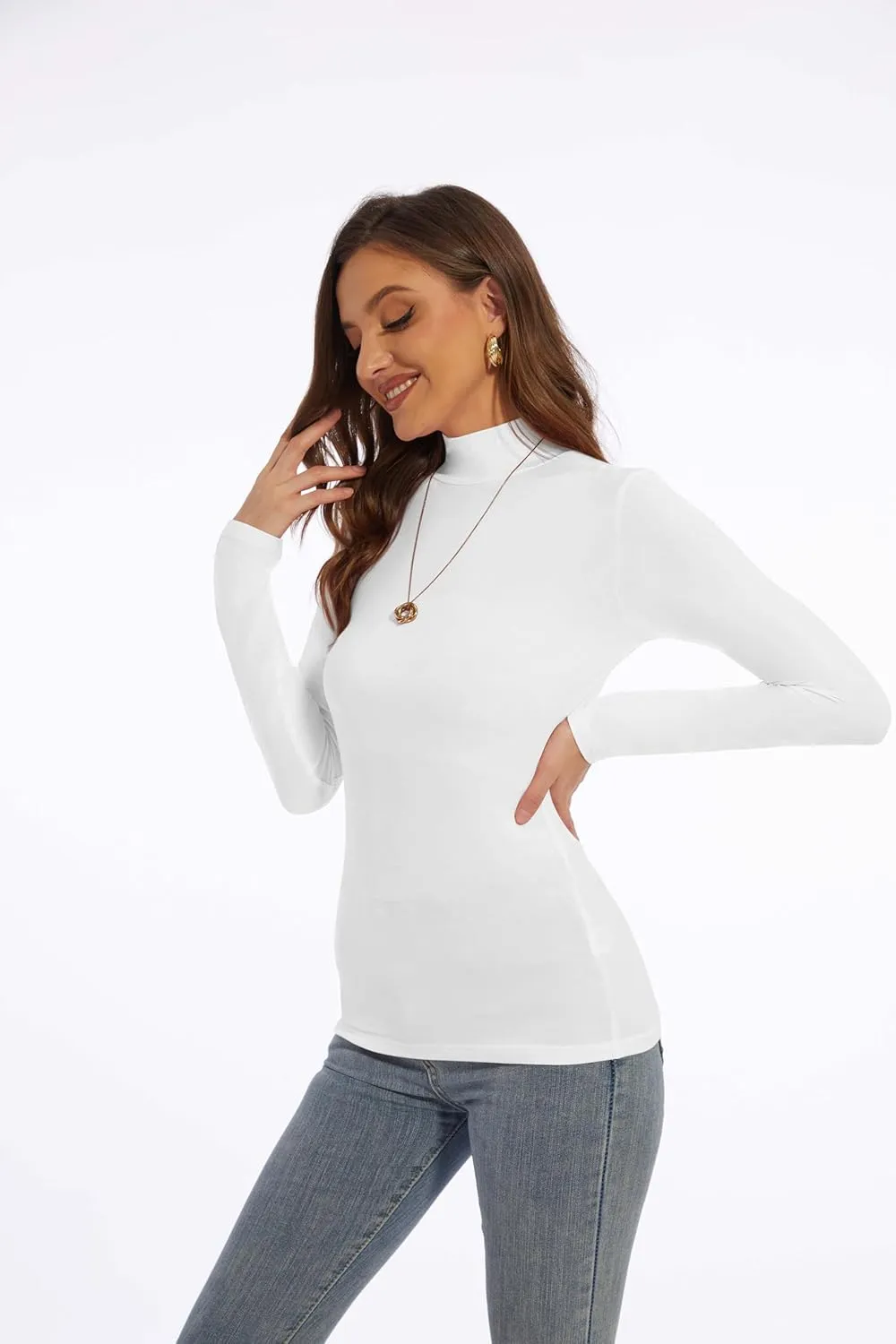 Womens Long Sleeve Mock Turtleneck Lightweight Shirts Slim Fitted Base Layer Tee Tops High Neck Undershirt