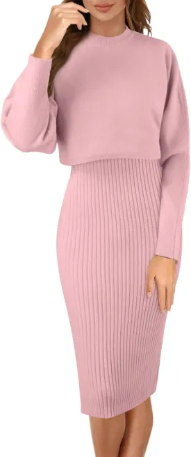 Women's Sweater Dresses 2 Piece Outfits Sets Turtleneck Long Sleeve Ribbed Knit Crop Tops and Tank Bodycon Midi Dress A- Pink