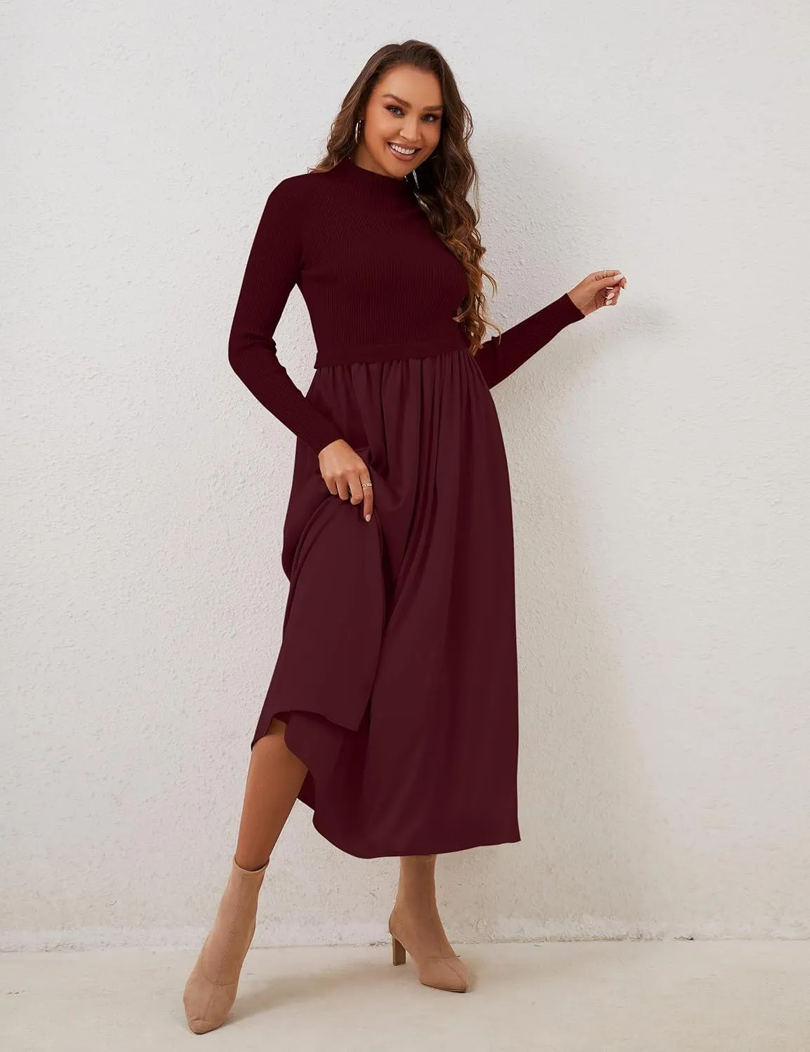 Women's Turtleneck Long Sleeve Maxi Dress - Slim Fit Ribbed Knit Pullover Patchwork Long Flowy Dress
