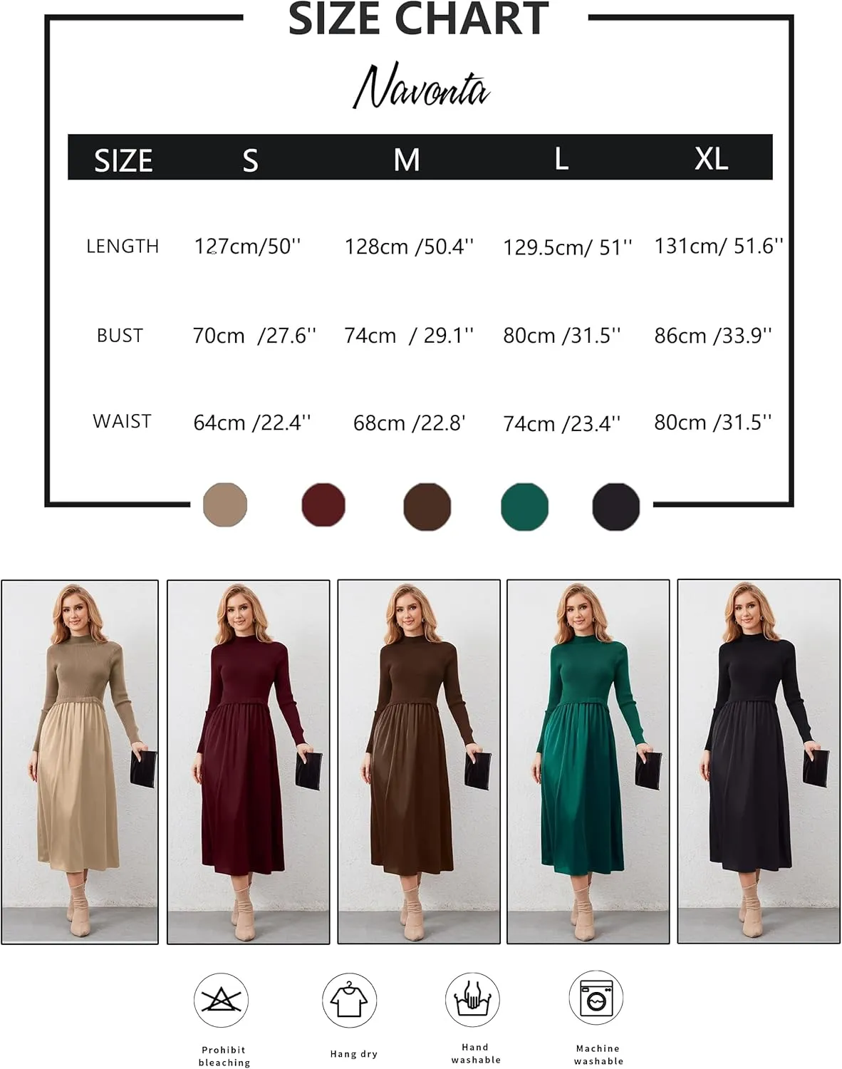 Women's Turtleneck Long Sleeve Maxi Dress - Slim Fit Ribbed Knit Pullover Patchwork Long Flowy Dress