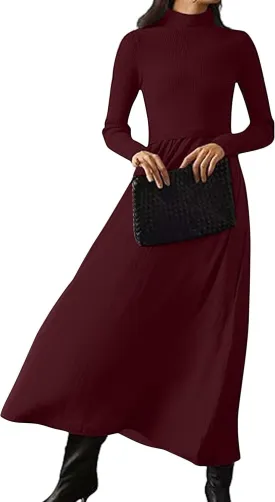 Women's Turtleneck Long Sleeve Maxi Dress - Slim Fit Ribbed Knit Pullover Patchwork Long Flowy Dress