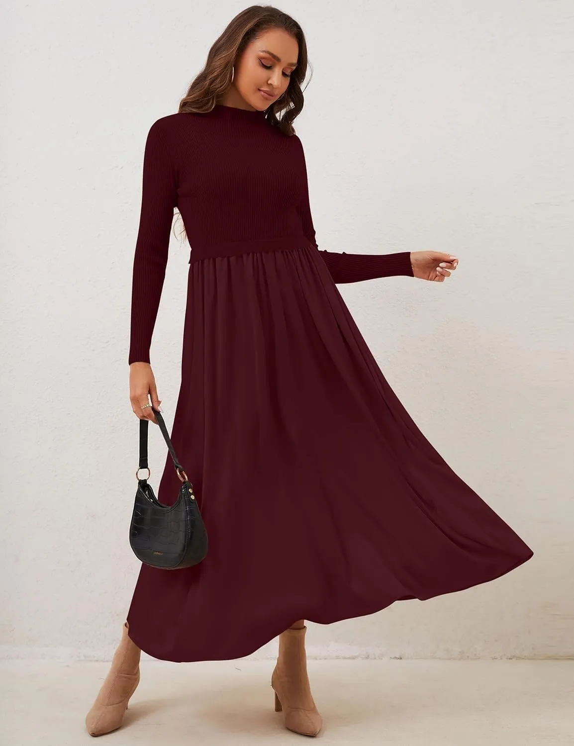 Women's Turtleneck Long Sleeve Maxi Dress - Slim Fit Ribbed Knit Pullover Patchwork Long Flowy Dress