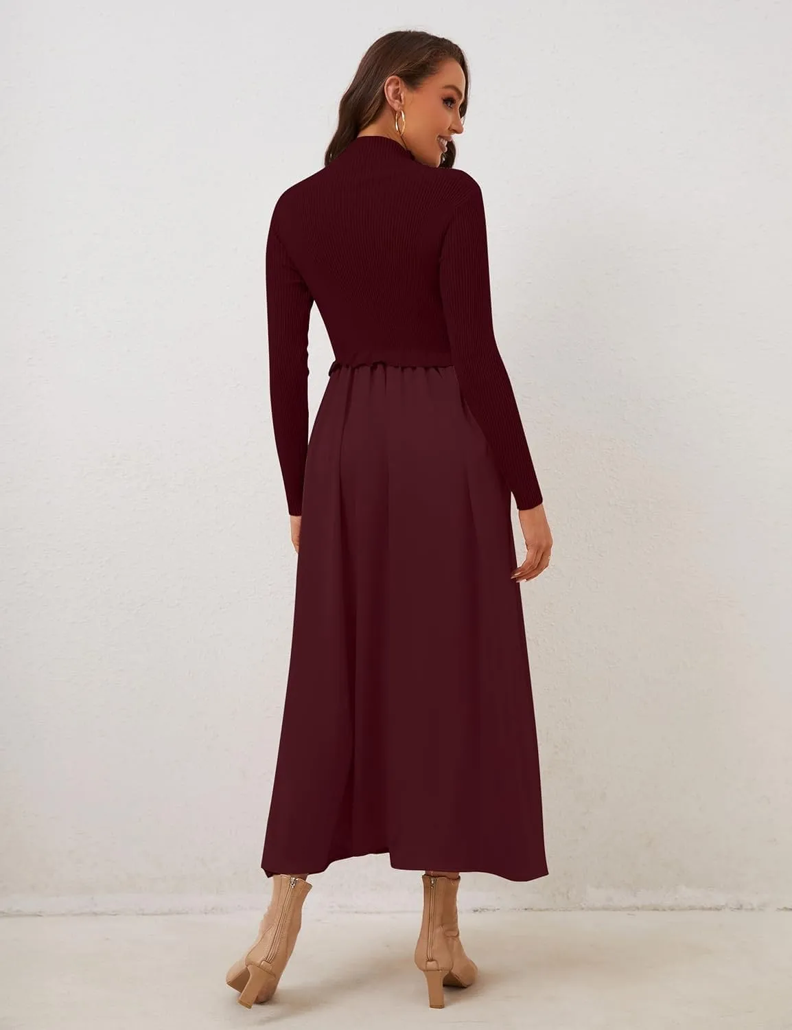 Women's Turtleneck Long Sleeve Maxi Dress - Slim Fit Ribbed Knit Pullover Patchwork Long Flowy Dress