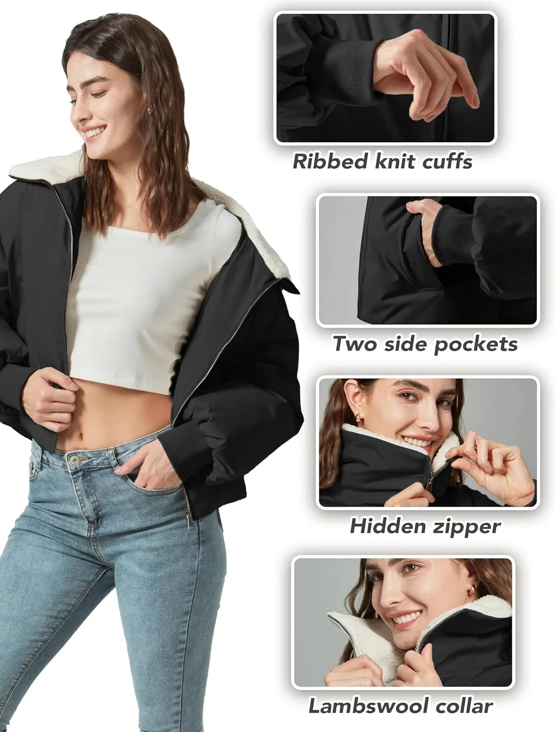 Women's Winter Puffer Jacket Cropped Coat Long Sleeve Warm Jackets Short Outerwear