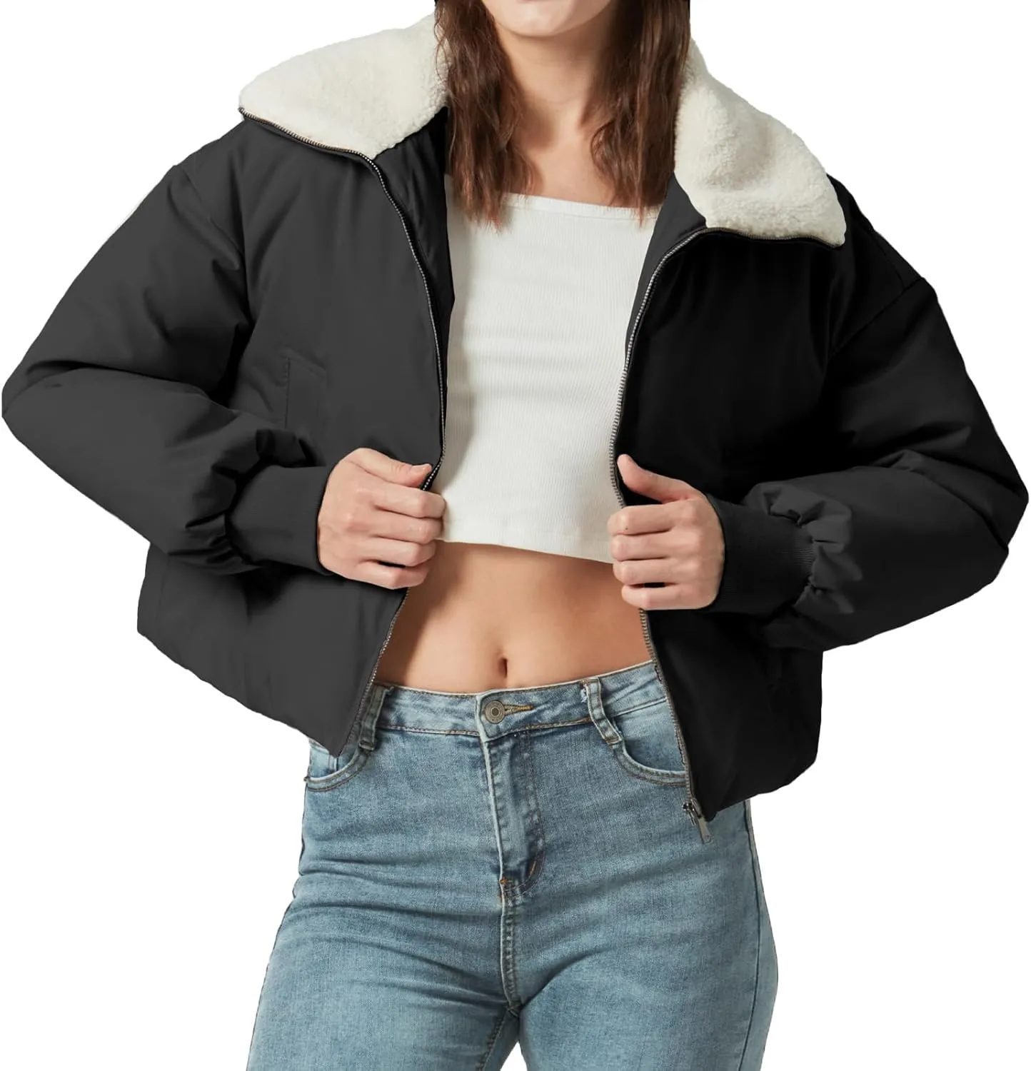 Women's Winter Puffer Jacket Cropped Coat Long Sleeve Warm Jackets Short Outerwear