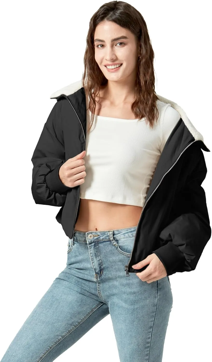 Women's Winter Puffer Jacket Cropped Coat Long Sleeve Warm Jackets Short Outerwear