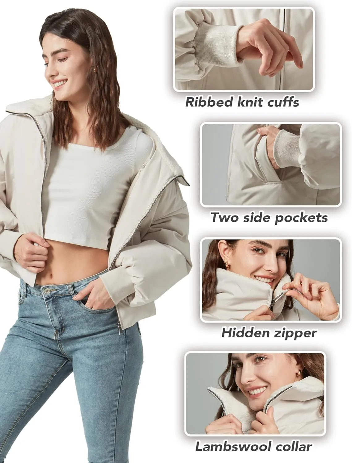 Women's Winter Puffer Jacket Cropped Coat Long Sleeve Warm Jackets Short Outerwear