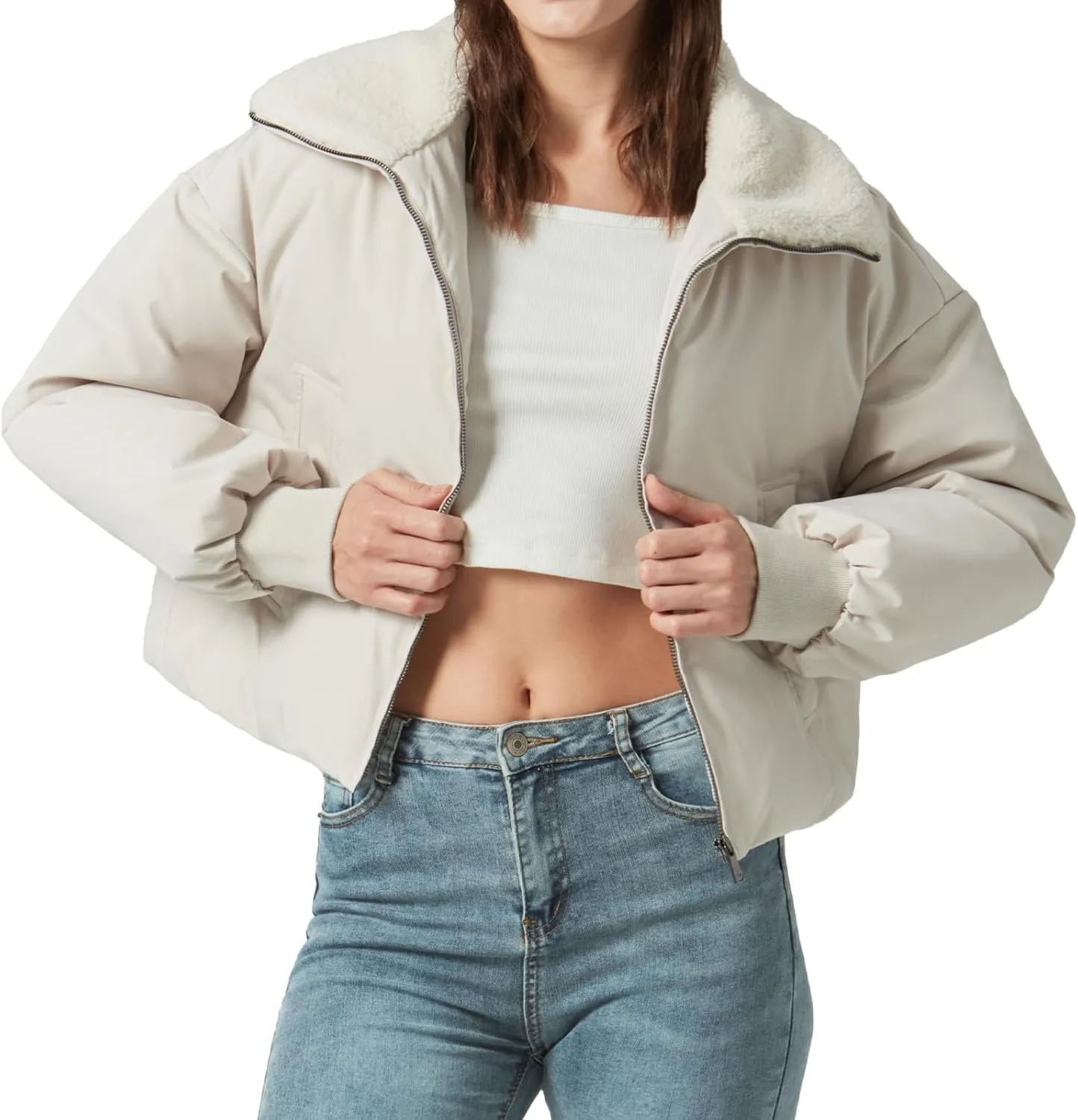 Women's Winter Puffer Jacket Cropped Coat Long Sleeve Warm Jackets Short Outerwear