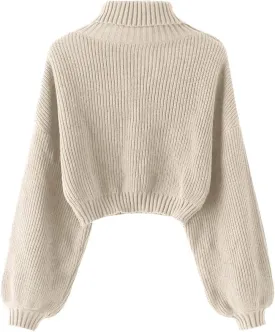 ZAFUL Women's Crew Neck Long Sleeve Pullover Crop Sweater Mock Neck Lantern Sleeve Ribbed Knit Cropped Sweater